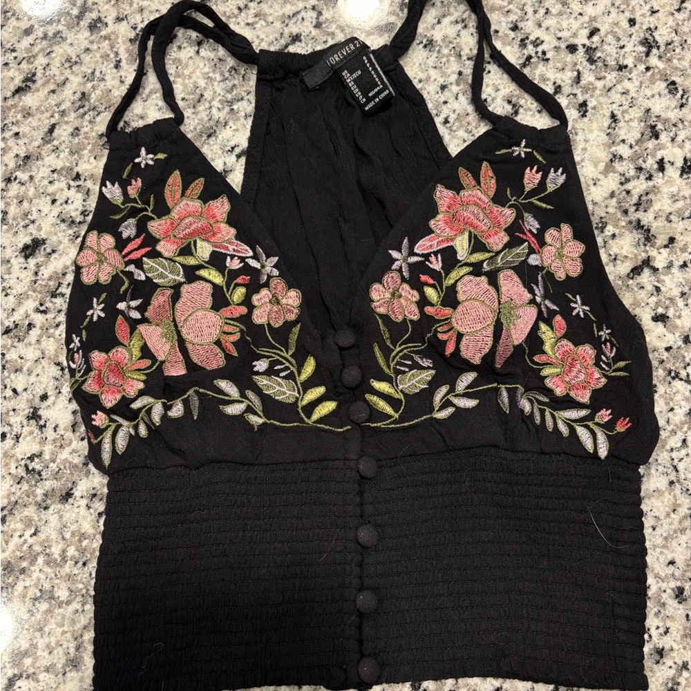 Forever 21 Black Floral Embroidered Tank Top